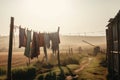serene scene with peaceful countryside and clothes hanging on rusted metal lines