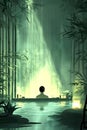 Serene scene of a person relaxing in a tranquil bamboo forest spa with soft light filtering through, vertical Royalty Free Stock Photo