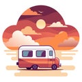 A serene scene with a retro caravan parked on a quiet beach with a breathtaking sunset and fluffy clouds in the sky Royalty Free Stock Photo