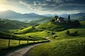 A serene scene of a road winding through a vibrant and abundant countryside, A peaceful countryside with rolling hills and a