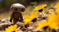 A serene scene of a robot gently sniffing a single flower in an expansive open space Royalty Free Stock Photo