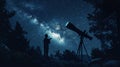 A serene scene of a scientist observing the night sky through a telescope, with a galaxy and constellations visible in the