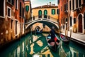 A serene scene of a traditional gondola with a gondolier navigating the winding canals of Venice, Italy, passing under arched