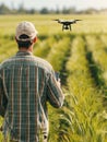 A serene scene unfolds as a man pilots a drone over lush green fields, a testament to the peaceful coexistence of