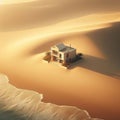 Simple, minimal villa sitting on golden sand, in front of sea