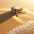 Simple, minimal villa sitting on golden sand, in front of sea
