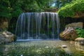 A serene scene of a waterfall cascading down rocky terrain and emptying into a peaceful pond Royalty Free Stock Photo