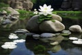 A serene scene of a white water lily afloat on tranquil water, surrounded by zen stones rocks, exuding a spa picturesque and Royalty Free Stock Photo