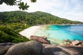 Serene scenery of Similan Islands on summer morning, view from stones mountain, South Thailand