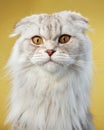 A serene Scottish Fold cat exhibits its unique folded ears and plush white coat