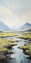 Serene Scottish Landscape Painting With Marsh And Mountains Royalty Free Stock Photo