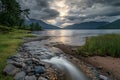 Serene Scottish Loch Landscape at Dusk with Flowing Stream and C Royalty Free Stock Photo