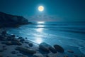 Serene sea, bright full moon night, captivating coastal landscape view Royalty Free Stock Photo