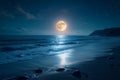 Serene sea, bright full moon night, captivating coastal landscape view Royalty Free Stock Photo