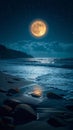 Serene sea, bright full moon night, captivating coastal landscape view