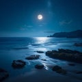 Serene sea, bright full moon night, captivating coastal landscape view