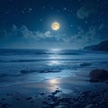 Serene sea, bright full moon night, captivating coastal landscape view