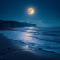 Serene sea, bright full moon night, captivating coastal landscape view