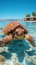 A serene sea turtle gliding through tranquil waters, sunlight filtering through the surface, c Royalty Free Stock Photo