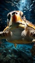 A serene sea turtle gliding through tranquil waters, sunlight filtering through the surface, con Royalty Free Stock Photo
