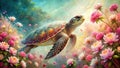 Serene sea turtle gracefully navigating a whimsical underwater garden of vibrant blossoms. Generative AI Royalty Free Stock Photo