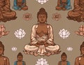 Seamless Pattern with Meditating Buddha and Lotus Flowers Royalty Free Stock Photo