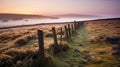 Majestic English Moor With Stone Fence In Morning Mist