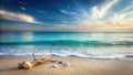 Serene seascape driftwood, shells, and gentle waves on a sandy shore at sunset. Generative AI Royalty Free Stock Photo
