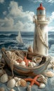 Serene Seascape: A Nautical Still Life of Shells, Starfish, and