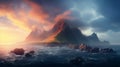 Serene Seascapes: A Fantastical Mountain And Island With Soft Edges And Atmospheric Effects Royalty Free Stock Photo