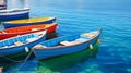 Colorful boats float on calm waters in seaside town.AI Generated