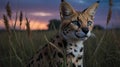 Serval Cat Portrait Against a Soft Evening Sky with Golden Hues of Sunset Royalty Free Stock Photo