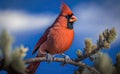 A male Northern cardinal perched on the branch of pine, blurred blue sky background, generative AI