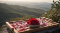 Romantic Red Rose and Petals on Wooden Tray with Mountain View Royalty Free Stock Photo