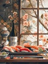 A serene setting of sushi near a window, with a bottle of sake, showcasing an elegant Japanese aesthetic. Royalty Free Stock Photo