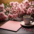 Serene setup, notebook, blooms, and coffee adorn pink table in harmonious arrangement