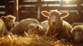 Serene sheep basking, warm sunlight inside cozy sheepshed, casually munching on hay, tranquility and simplicity of farm life Royalty Free Stock Photo