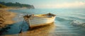 Serene Shoreline Repose with Anchored Boat. Concept Beach Photography, Seaside Scene, Boat