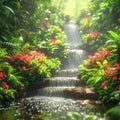 Serene Shores: The Floral Waterfall Sanctuaries