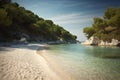 A serene shot of a secluded beach, with white sand and crystal clear waters.