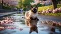 Siamese Cat Reflection in Puddle Water Surrounded by Pink Cherry Blossoms in Spring Royalty Free Stock Photo