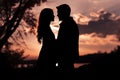 A serene silhouette of a couple against the evening sky backdrop