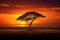 Serene Silhouette, Lone Tree Against the Setting Sun, The silhouette of a lone tree on an African savanna, AI Generated