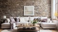 Serene Simplicity: Light Grey Living Room with Natural Stone Wall and Large Window, Generative AI