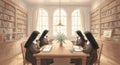 Serene Sisters Studying in Library Five nuns in a tranquil library read books symbolizing peace knowledge faith community Royalty Free Stock Photo