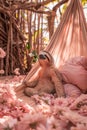Serene Sloth Enjoying a Relaxing Hammock Rest Amongst Lush Pink Flowers in a Peaceful Garden Summit