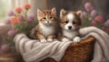 A serene snapshot of a sleepy puppy and kitten cuddled up together in a cozy wicker basket,