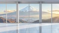 Serene snow capped mountains view through three panoramic windows in minimalist room Royalty Free Stock Photo