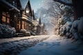 Serene snow scene a quiet street draped in soft, falling flakes