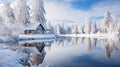 Serene Snowscape with a Cozy House Frozen Lake